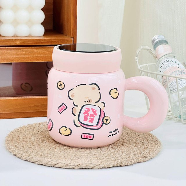 Kreative Keramiktasse mit Deckel von Yiran Furniture in Pink, 400 ml - Bild 1