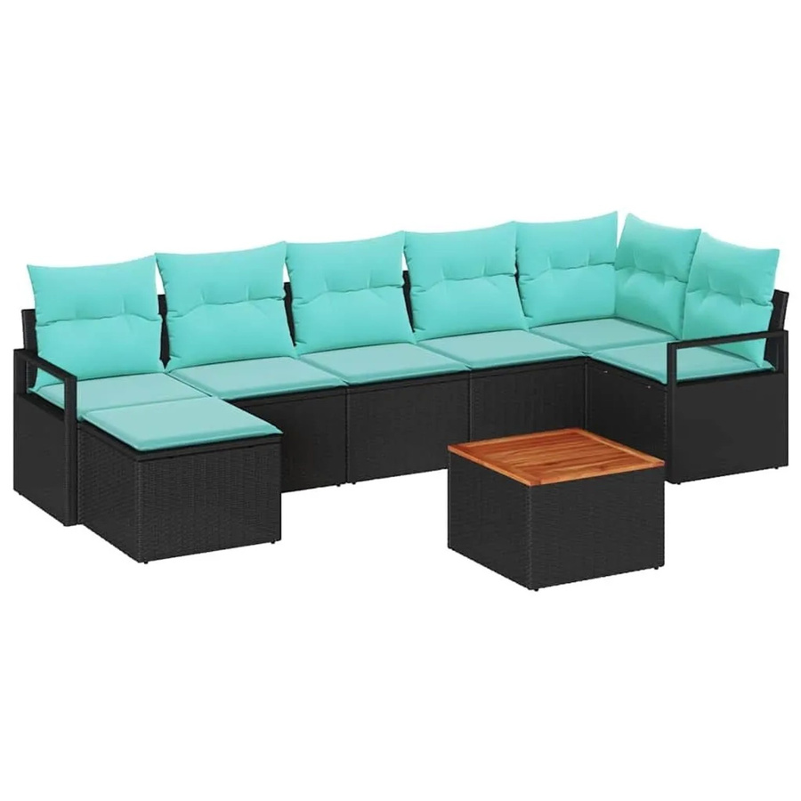 vidaXL Gartensofa-Set aus Poly-Rattan und Akazienholz in Schwarz, 8-teiliges L-Shape Lounge-Set mit Kissen für Garten, Balkon und Terrasse - Bild 2