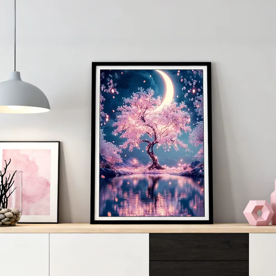 HUACAN 5D DIY Diamant Mosaik Set Baum Landschaft Mond Dekoration, Rund, Multicolour, Durchmesser: 30 cm - Bild 2