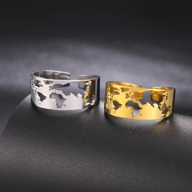 LIKGREAT Fingerring Edelstahl, Silber, Weltkarte, Unisex - Bild 1