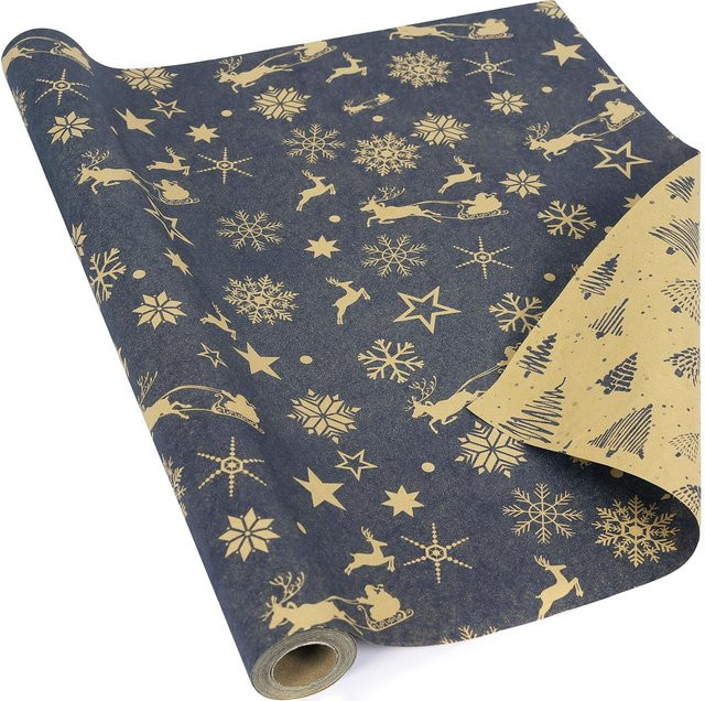 Weihnachts-Geschenkpapierrolle aus Vintage-Kraftpapier in Marineblau und Braun, 1 Rolle - Bild 1