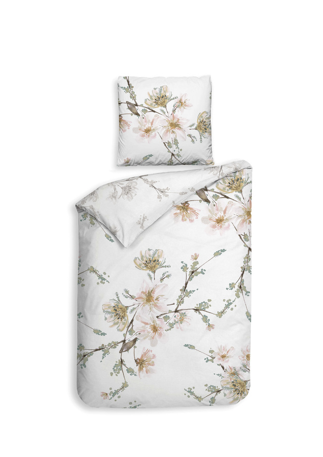 Heckett & Lane Mako-Satin Bettwäsche Francine White Kirschblüte in Rosa und Weiß, Set aus Bettbezug und Kissenbezug, Floral Design, B/H: 155 x 220 cm und 80 x 80 cm - Bild 1