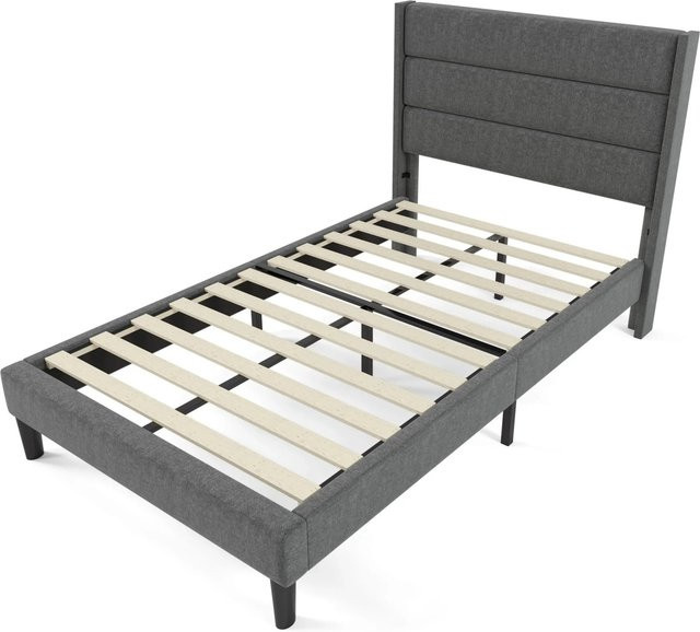 okwish Polsterbett in Grau für Jugendliche, modernes Jugendbett aus Leinen und Holz, B/T/H: 96 x 209 x 113 cm - Bild 1