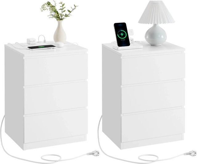 Vasagle Nachttisch mit Steckdosenleiste in Weiß, B/T/H: 59 x 40 x 35 cm - Bild 1