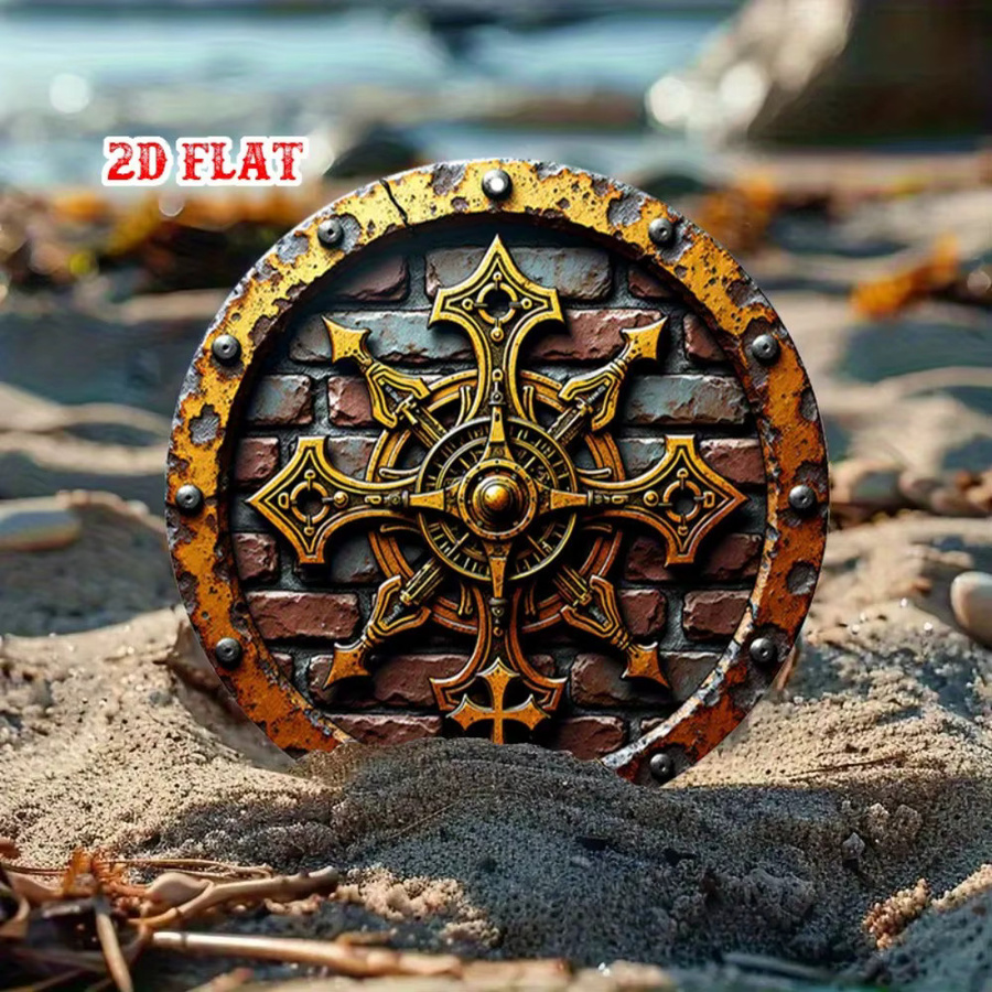HELLOYOUNG Mittelalterliches Ritterschild aus Metall mit goldenem Kreuz, runde Wanddekoration im Vintage-Stil, Durchmesser: 20 cm - Bild 4