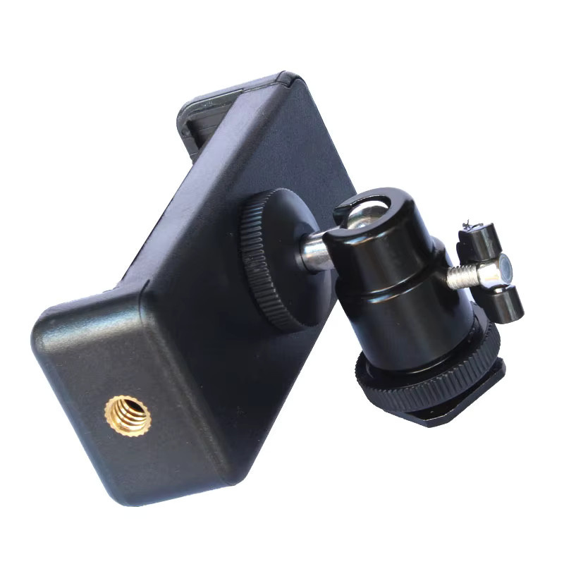 Universeller Hot Shoe Telefonclip Handyhalter in Schwarz mit 1/4-Zoll-Schraubhalterung für Stativ und Einbeinstativ sowie SLR-Kameras - Bild 2