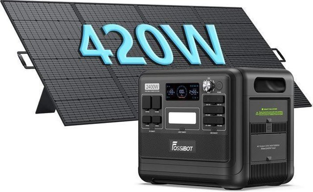FOSSIBOT Tragbare Powerstation F2400 mit 2048Wh, 2400W und LiFePO4 Akku sowie 420W Solarpanel in Schwarz - Bild 1