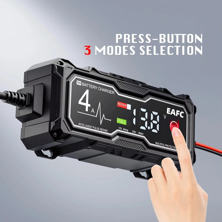 EAFC Intelligentes Batterie Ladegerät für Auto und Motorrad mit Puls Reparatur Funktion für Blei-Säure und AGM Batterien in Schwarz - Bild 4