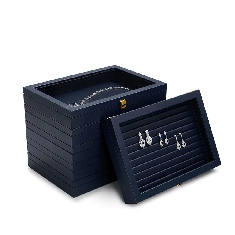 WoodTen Premium Schmuckaufbewahrungsbox Organizer aus Leder in Blau für Halsketten und Ohrringe - Bild 2