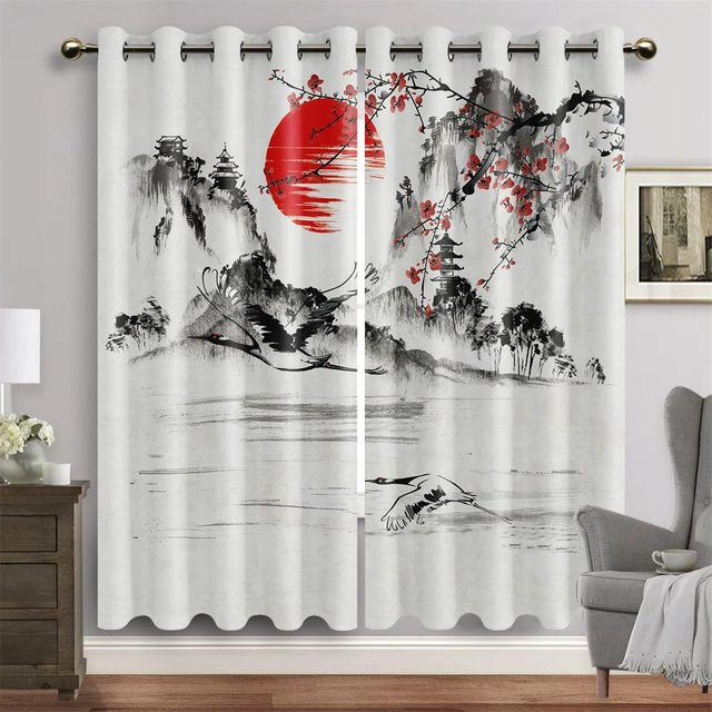 Yiran Furniture Japanische Landschaft Traditionelle Tuschemalerei Vorhänge mit Ösen, 2 Paneele, Multicolor, B: 50 cm, H: 130 cm pro Paneel - Bild 1