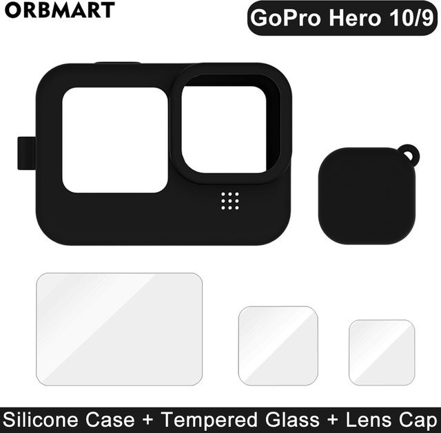 GoPro Zubehör-Set für Hero 12, 11, 10 und 9 mit Silikonhülle, Displayschutzfolie aus gehärtetem Glas und Objektivdeckel in Schwarz - Bild 1