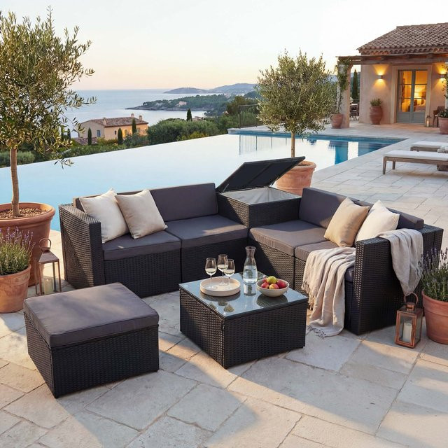 MCW Poly-Rattan Garten-Lounge-Set D21 in Anthrazit mit dunkelgrauen Kissen und integrierter Aufbewahrungsbox - Bild 1