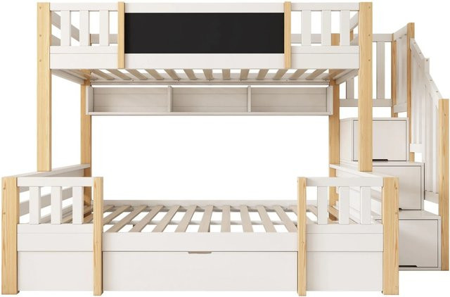 Merax Etagenbett für Kinder mit Treppe und Stauraum in Weiß und Natur, B/T/H: 253 x 140 x 109,5 cm (unteres Bett: 140 x 200 cm, oberes Bett: 90 x 200 cm) - Bild 1