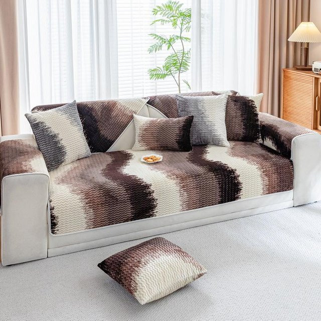 Luxuriöser Plüsch Sofaüberwurf mit Wellenmuster aus Flanell für Herbst und Winter, quadratisch, B/B: 70 x 70 cm, in Grau und Braun - Bild 1