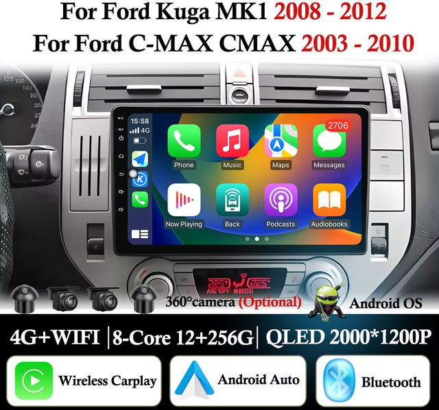 KJ-NAVI Android 16 Autoradio mit GPS, Carplay, 4G, Wifi und Bluetooth für Ford Kuga MK1 (2008 - 2012) und Ford C-MAX (2003 - 2010), Schwarz - Bild 1