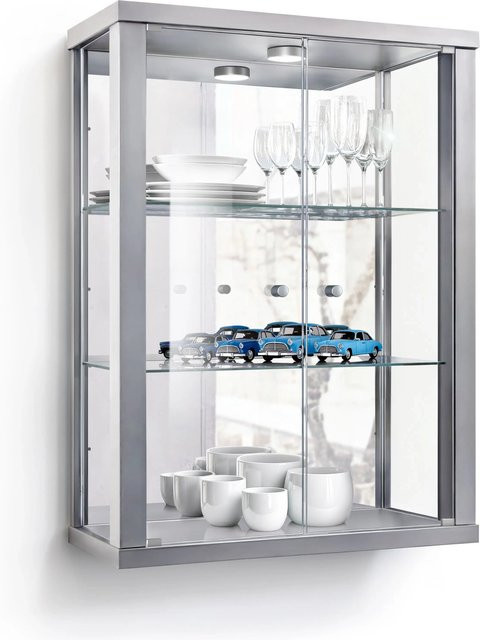 K-Möbel Wandvitrine aus Glas und Spanplatte in Silber mit LED-Beleuchtung, Spiegel und 2 höhenverstellbaren ESG-Glasböden, B/H/T: 80 x 60 x 25 cm - Bild 1