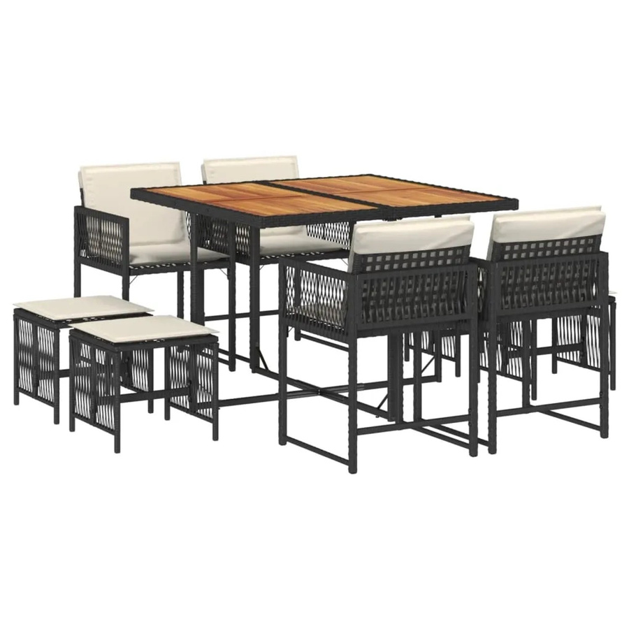 vidaXL 9-teilige Garten-Essgruppe aus PE-Rattan und Akazienholz mit Kissen in Schwarz, Braun und Cremeweiß - Bild 2