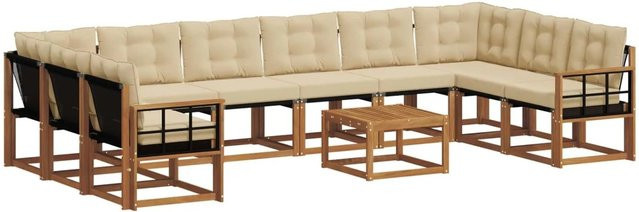 vidaXL Outdoor-Sofagarnitur aus Akazienholz in U-Form, 11-teiliges Set mit Textilene-Bezug und Kissen, Natur und Beige - Bild 1