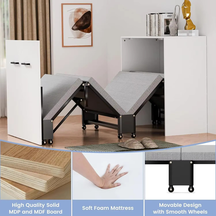 Nordischer Bettschrank in Weiß als zusammenklappbares Rollbett mit Matratze für Erwachsene aus MDF und Spanplatte - Bild 4