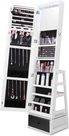 VEVOR Schmuckschrank mit Ganzkörperspiegel, Freistehender Schmuckarmoire mit LED-Beleuchtung, abschließbarem Stauraum und Schubladen, Weiß, H: 160,0 cm, B: 36,7 cm, T: 19,0 cm - Bild 1