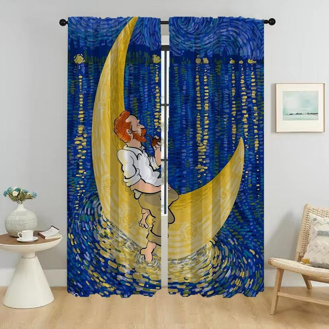 Van Gogh Partition Tüll-Vorhänge für das Schlafzimmer, 2 Stück, Blau, B: 50 cm, H: 70 cm - Bild 1