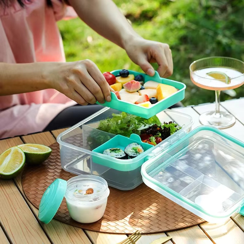 Doppellagige Bento-Box mit Fachunterteilung und Griffdesign in Weiß für Studenten und Kleinkinder - Bild 4