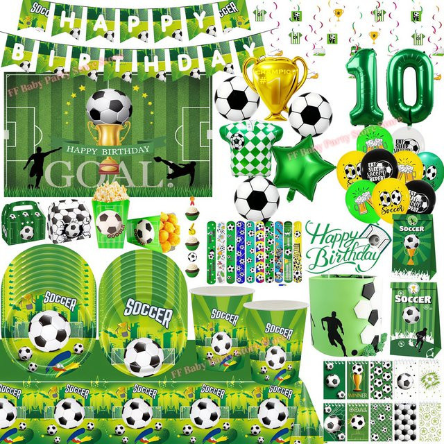 Potdemiel Fußball-Geburtstagsdekoration Set in Grün mit Aluminiumfolienballons, Tellern, Bechern und Servietten für Kinder und Jungen - Bild 1