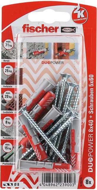 Fischer DuoPower Dübel mit Schraube, Ø 8 mm x 40 mm, Mehrfarbig, 8 Stück - Bild 1