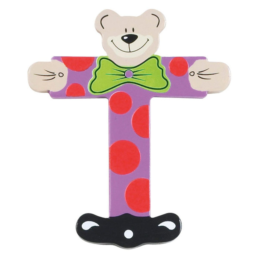 Playshoes Holzbuchstabe T Bär mit Klebefläche in Mehrfarbig (Lila, Rot, Punktmuster) - Bild 1