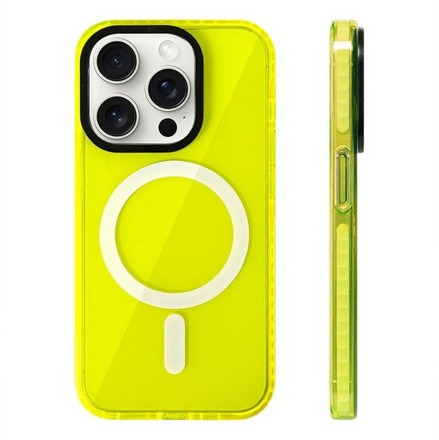 Transparente MagSafe Silikon Handyhülle für Apple iPhone 12 bis iPhone 17 Pro Max in Neonfarben Grün und Gelb - Bild 1