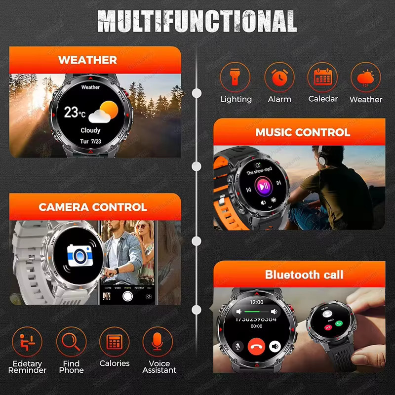 GUHUAVMI Militärische GPS-Smartwatch mit 1,43 Zoll Display, 3ATM Wasserdicht, Kompass, NFC und HD-Anruffunktion in Schwarz - Bild 6