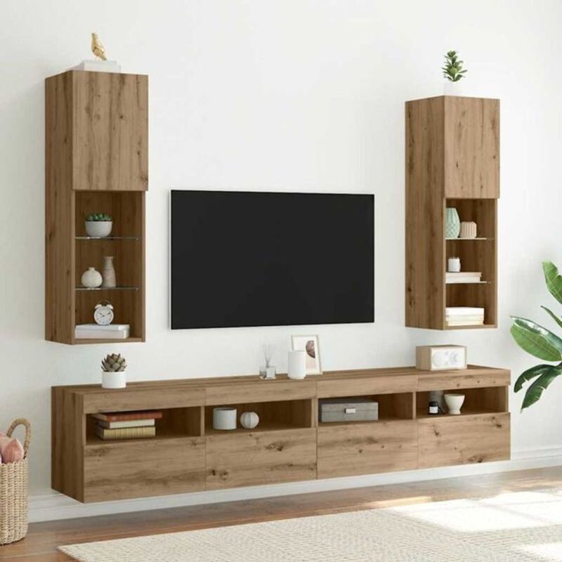 Vidaxl TV-Schränke mit LED-Leuchten im Set aus 2 Stück, Modern, Eiche Natur, Braun, B/T/H: 30,5 x 30 x 102 cm - Bild 1