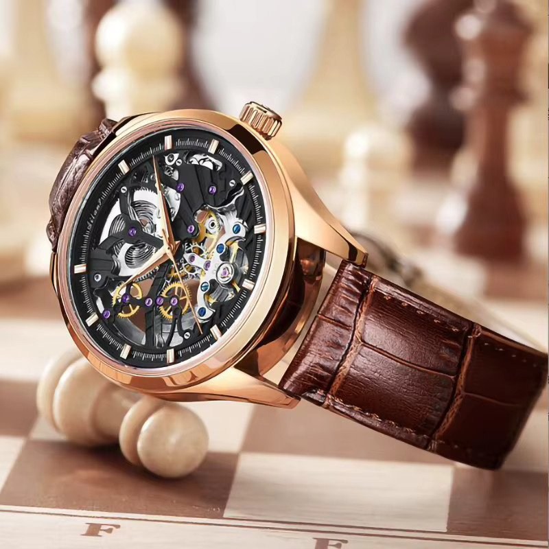 Ailang Armbanduhr Automatik, Edelstahl, Roségold, Leder, Herren - Bild 4