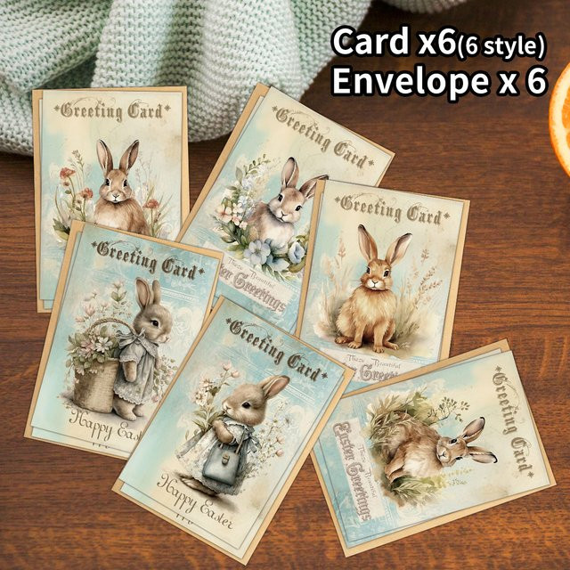 6 Stück Frohe Ostern Grußkarten mit Umschlag, Blumenmuster und Hasenmotiven, buntes Oster-Briefpapier für Familie und Freunde - Bild 1