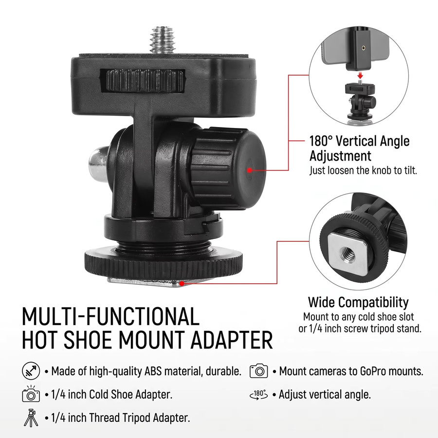 SZKOSTON Kamera-Blitzschuh-Handyhalterung Adapter Clip mit flexiblem Stativrahmen für iPhone, Samsung und DSLR-Kameras wie Canon, Nikon oder Sony in Schwarz - Bild 2