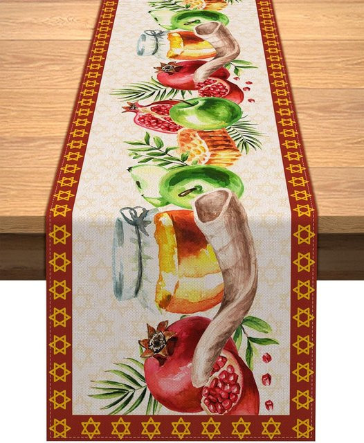 JINGYUE Pet Tischläufer aus Leinen mit Rosch Haschana Motiv in Mehrfarbig, B/L: 150 x 33 cm - Bild 1
