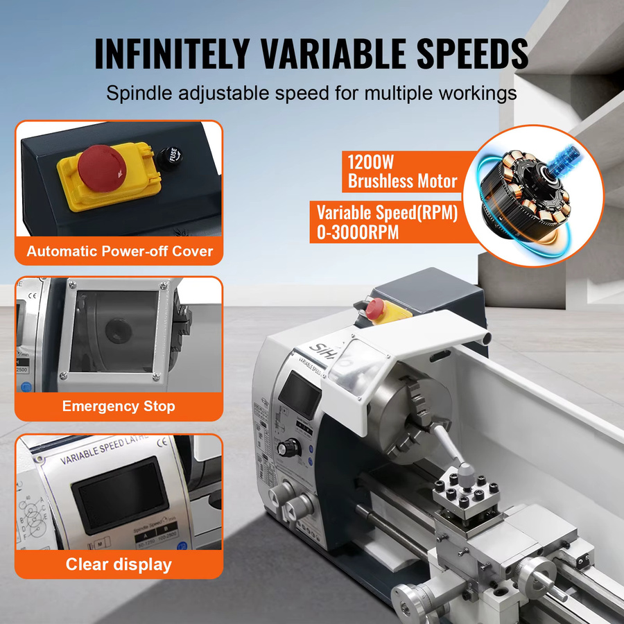 Sihao Mini-Metalldrehmaschine mit variabler Drehzahl und 1200W/1500W Leistung, B/T/H: 18 x 35 x 22 cm - Bild 4