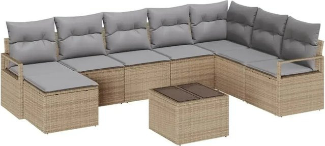vidaXL Garten-Sofa-Set 9-teilig aus Poly Rattan in Beige mit Polsterung und Tisch - Bild 1