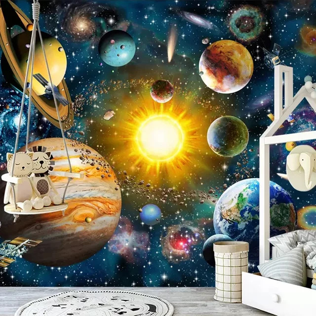 Moderne 3D Foto Tapete für das Kinderzimmer mit handgemaltem Cartoon Universum Sternen und Planeten in Multicolour von Jiadou - Bild 1