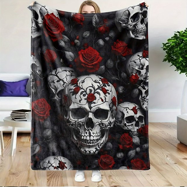 VIKAMA Flanell-Decke mit dunklem Skelett-Rosen-Design im Gothic-Stil, Farbe: Schwarz, B/T: 90 x 75 cm - Bild 1