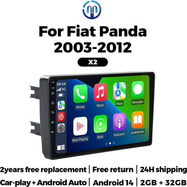 MEKEDE Android 14 Intelligentes Auto-Navigationssystem mit Sprachsteuerung und drahtlosem CarPlay für Fiat Panda 2003-2012, Schwarz, inklusive GPS - Bild 1