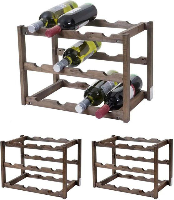BERLINLODGE Weinregal aus Tanne in Braun für 12 Flaschen mit 3 Böden, H x B x T: 30 x 42 x 26 cm - Bild 1