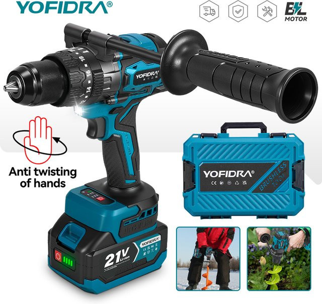 YOFIDRA Bürstenloser Elektro-Schlagbohrschrauber in Blau mit 900N.M Drehmoment und 13MM Bohrfutter, kompatibel mit Makita LXT Akkus - Bild 1