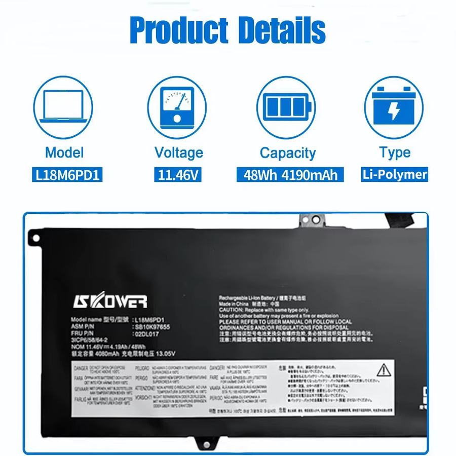 SKOWER Akku für Lenovo ThinkPad X13 Gen 1 und X390, 48Wh, Schwarz - Bild 2
