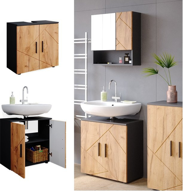 Vicco Waschbeckenunterschrank Irma in Anthrazit und Eiche mit 2 Türen, B/T/H: 60 x 59 x 30 cm - Bild 1