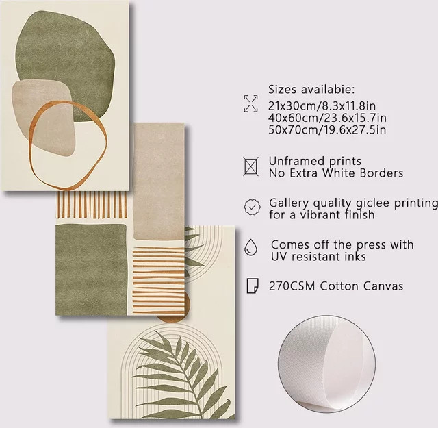 Potdemiel Leinwanddruck Poster Set aus 3 Teilen mit tropischen Blättern und abstrakten Formen im Boho-Stil, Mehrfarbig - Bild 1