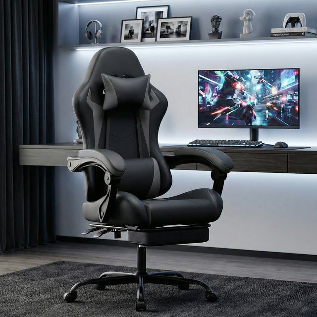 Svintora Gaming-Stuhl in Schwarz-Grau aus PU-Leder mit Fußstütze, ergonomischer Computerstuhl im Racing-Stil mit Kopfstütze und Lendenwirbelstütze - Bild 1