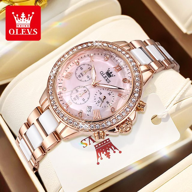 OLEVS Chronograph, Keramik, Roségold, Quarz, Damen - Bild 1