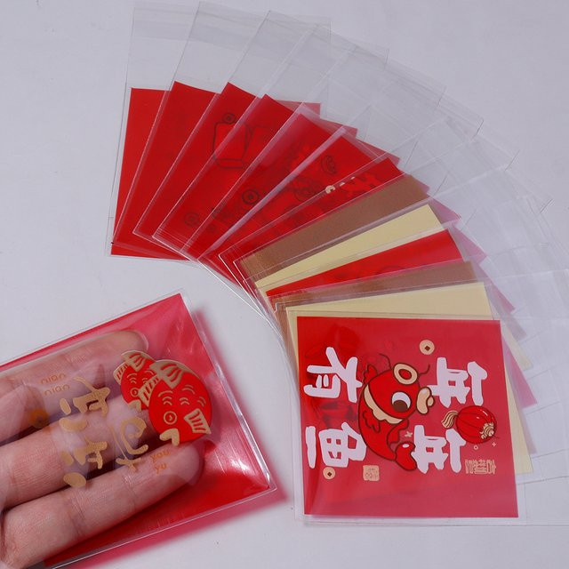 100 Stück selbstklebende Geschenktüten mit festlichem Muster in Rot für das chinesische Neujahr und Frühlingsfest zur Verpackung von Keksen und Süßigkeiten - Bild 1