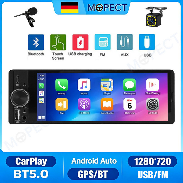 MOPECT Universal 1 DIN Autoradio mit 6,36 Zoll Touchscreen, CarPlay, Android Auto, Bluetooth, USB/Type-C und Freisprechfunktion in Schwarz - Bild 1